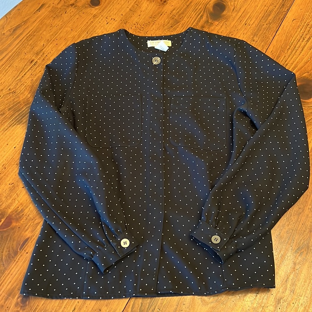 Liz Clairborne Petite Collection Black White Polka Dots Long Sleeve Blouse 6